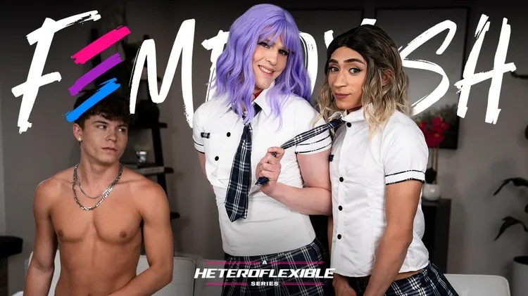 Schoolgirl Femboy Gets Spitroasted by Bestie And BF